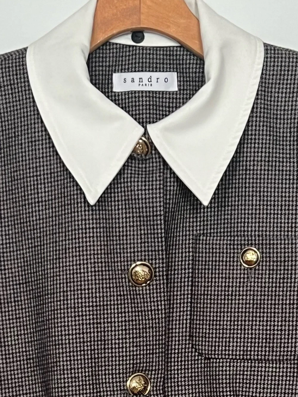 Sandro Paris Houndstooth Wool Blend Jacket Removable Collar Small